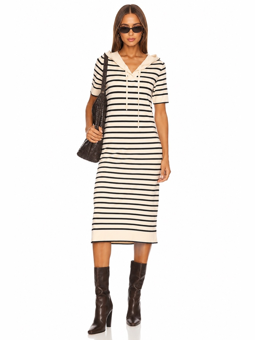 Striped Hooded Knit Midi Dress - Cream & Black